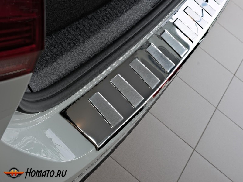 Накладка на задний бампер для Mitsubishi Outlander (2012-2014) | глянцевая + матовая нержавейка, с загибом, серия Trapez