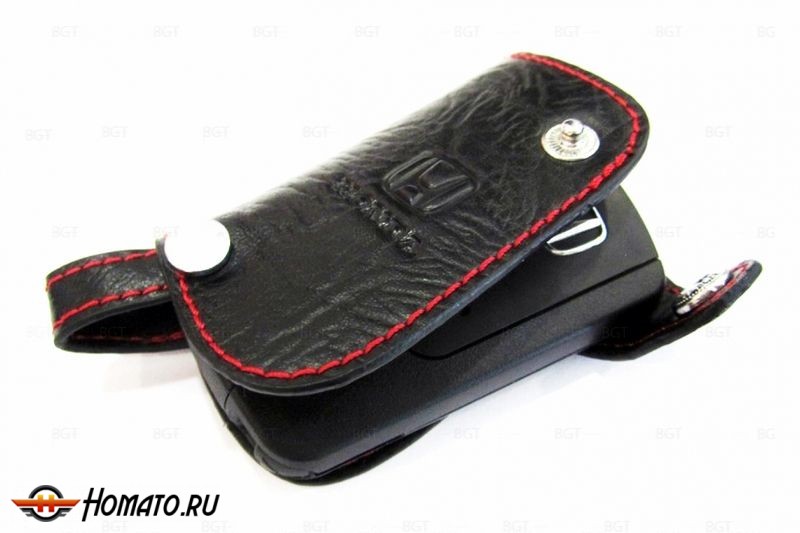 Чехол для ключа Honda Civic 4D 2012+ «Комплектация Premium» «Брелок», Кожаный, Цвет нити: Красный