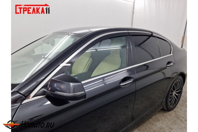 Дефлекторы БМВ 5 Ф10 (2010-2017) | с хром молдингом, из 4 частей, премиум, плоские, 2D