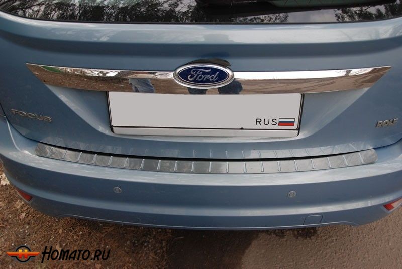 Накладка на задний бампер для Ford Focus 2 (2008-2010) хэтчбек 5d | нержавейка + силиконовые вставки, без загиба