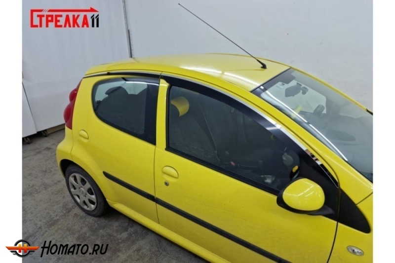 Дефлекторы Пежо 107 (5D) 2005-2015 | с хром молдингом, из 4 частей, премиум, плоские, 2D