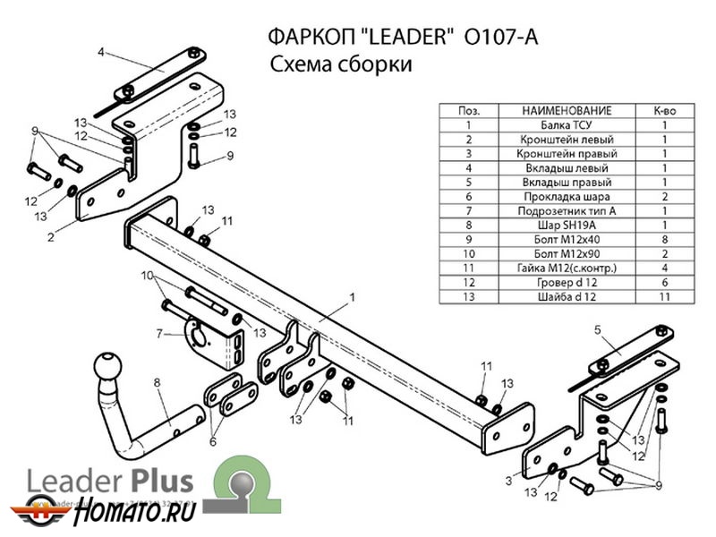 Фаркоп OPEL ASTRA H (универсал) 2004-2014 | шар A | Лидер Плюс | O107-A