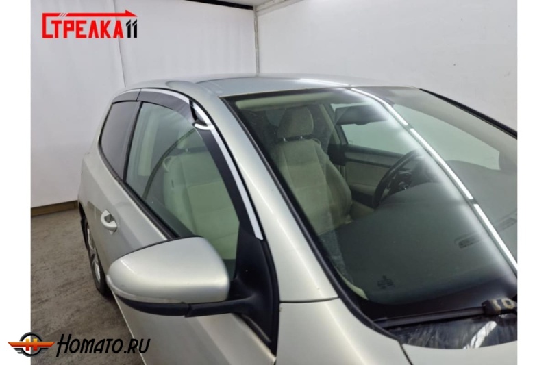 Дефлекторы Фольксваген Гольф 6 (3D) 2008-2013 | с хром молдингом, из 4 частей, премиум, плоские, 2D