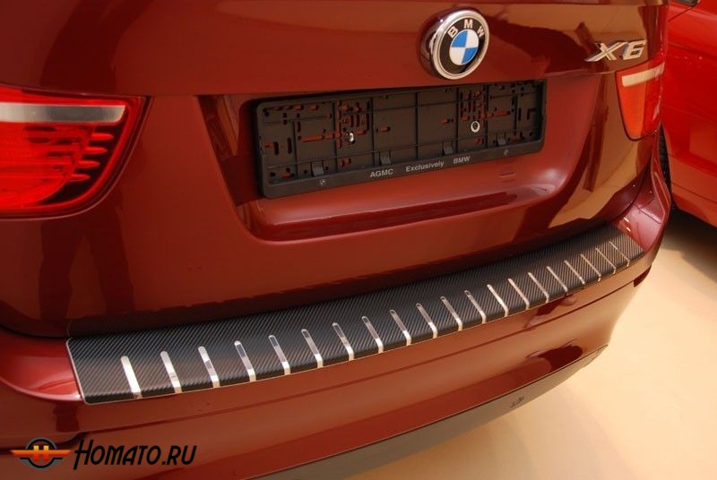 Накладка на задний бампер для BMW X6 (E71) 2008-2014 | карбон + нержавейка, с загибом