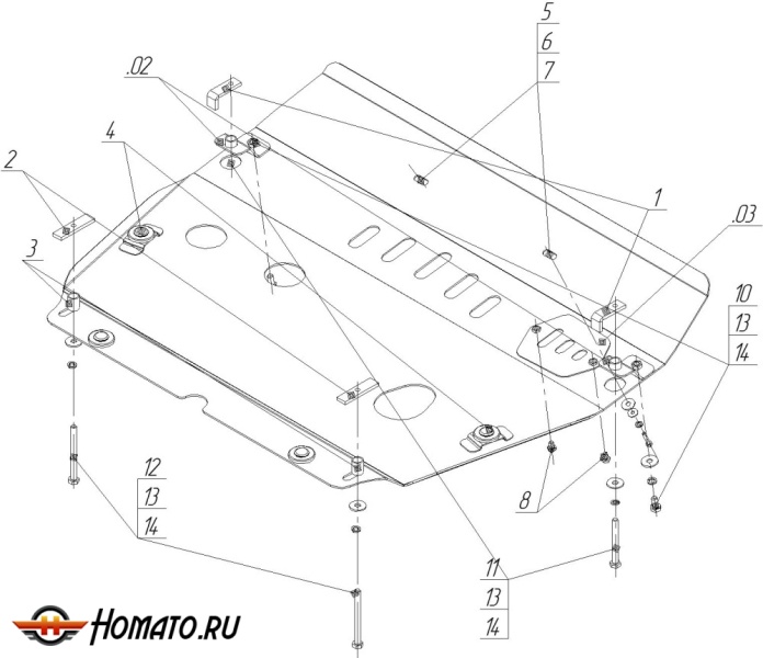 Защита картера Toyota Highlander 2007-2010 | двигатель + КПП, 3 мм, сталь | MOTODOR | 15003