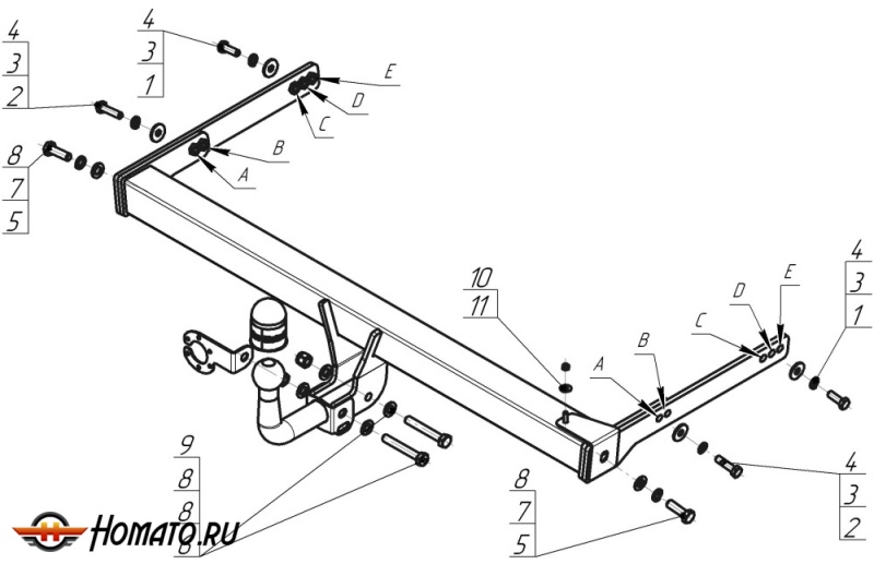 Фаркоп Volkswagen Tiguan 2011-2016 | шар A - оцинкованный, нагрузка 100/2000 | MOTODOR | 92711-A