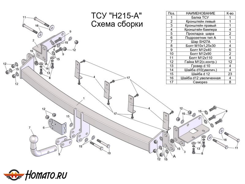 Фаркоп KIA SORENTO (XM) 2009-2012 | шар A | Лидер Плюс | H215-A