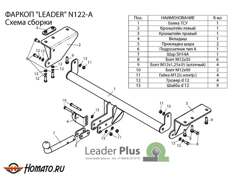 Фаркоп NISSAN X-TRAIL 3 (T32) 2014-2022 | шар A | Лидер Плюс | N122-A