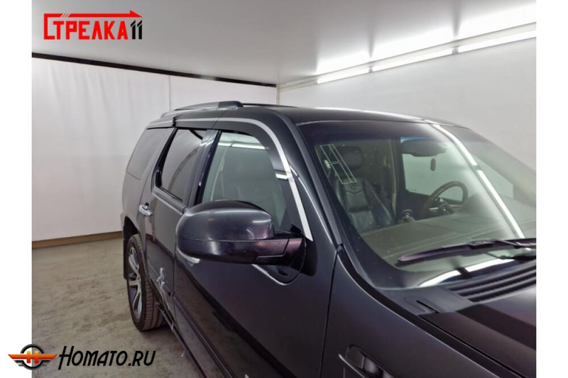 Дефлекторы Cadillac Escalade 3 2007-2014 | с хром молдингом, из 6 частей, премиум, плоские, 2D,