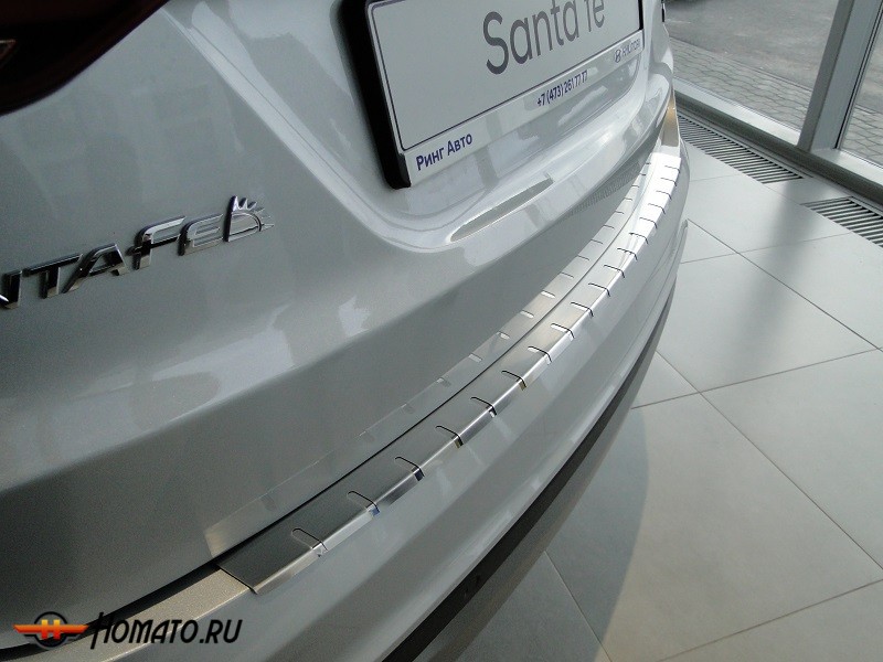 Накладка на задний бампер для Hyundai Santa Fe 2016+ | нержавейка, с загибом