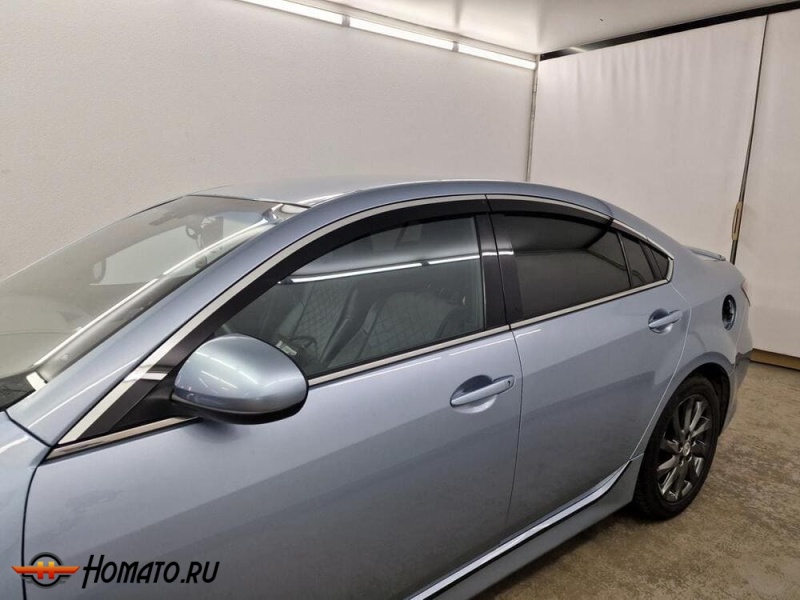 Дефлекторы Mazda 6 (GH) 2007-2012 седан | с хром молдингом, из 6 частей, премиум, плоские, 2D