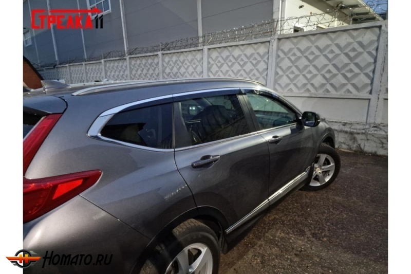 Дефлекторы Хонда СРВ 5 2017-2022 | с хром молдингом, из 6 частей, премиум, плоские, 2D