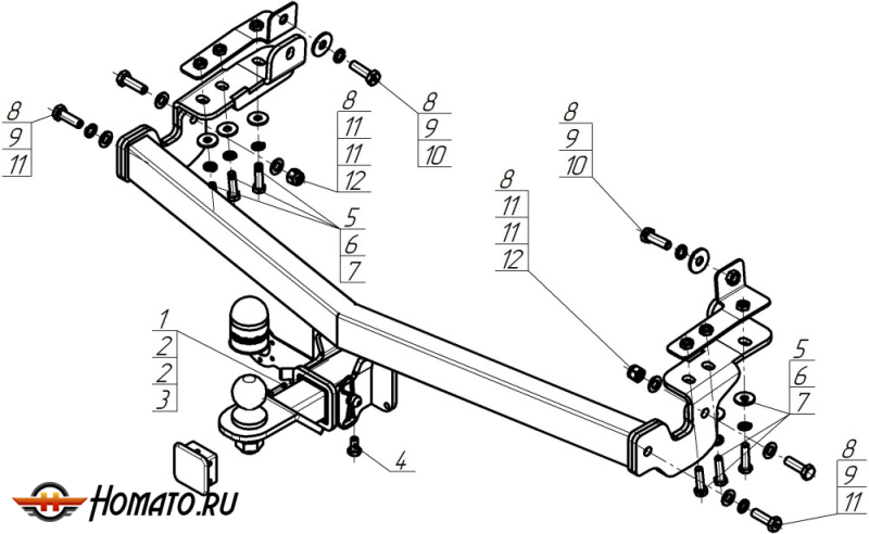Фаркоп Chery Tiggo 9 2024- | шар A - оцинкованный, нагрузка 50/1250 | MOTODOR | 99025-E