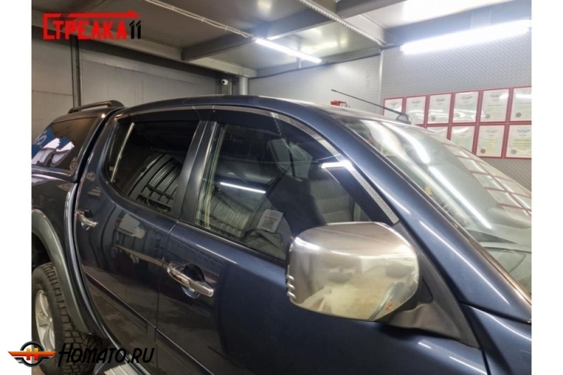 Дефлекторы Митсубиси Л200 4 2007-2015 | с хром молдингом, из 4 частей, премиум, плоские, 2D