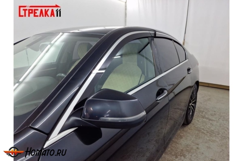 Дефлекторы БМВ 5 Ф10 (2010-2017) | с хром молдингом, из 4 частей, премиум, плоские, 2D