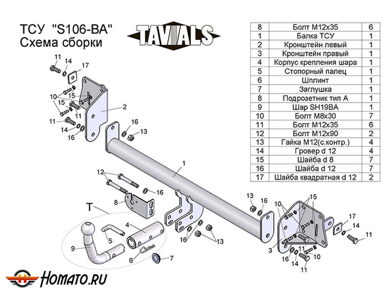 Фаркоп SKODA OCTAVIA 2 (A5) лифтбек 2004-2013 | шар BA - быстросъемный | Лидер Плюс | T-S106-BA