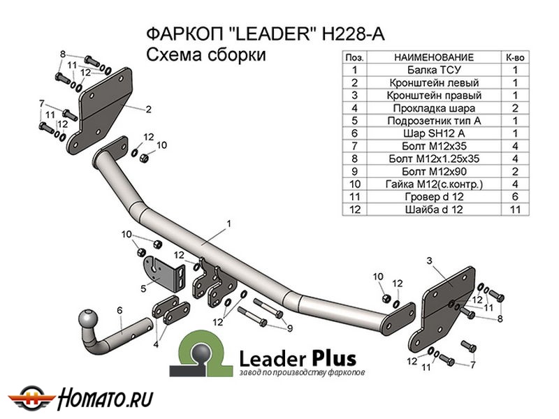 Фаркоп HYUNDAI SOLARIS 2 (седан) 2017-/2020- | шар A | Лидер Плюс | H228-A