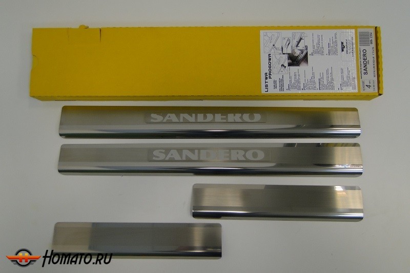 Накладки на пороги с логотипом для Renault Sandero 2009-2013 и Sandero Stepway 2009-2013 | нержавейка