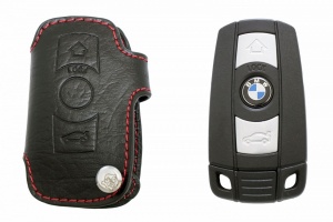 Чехол для ключа BMW (Брелок), Без значка "BMW" Кожаный, Цвет нити: Красный